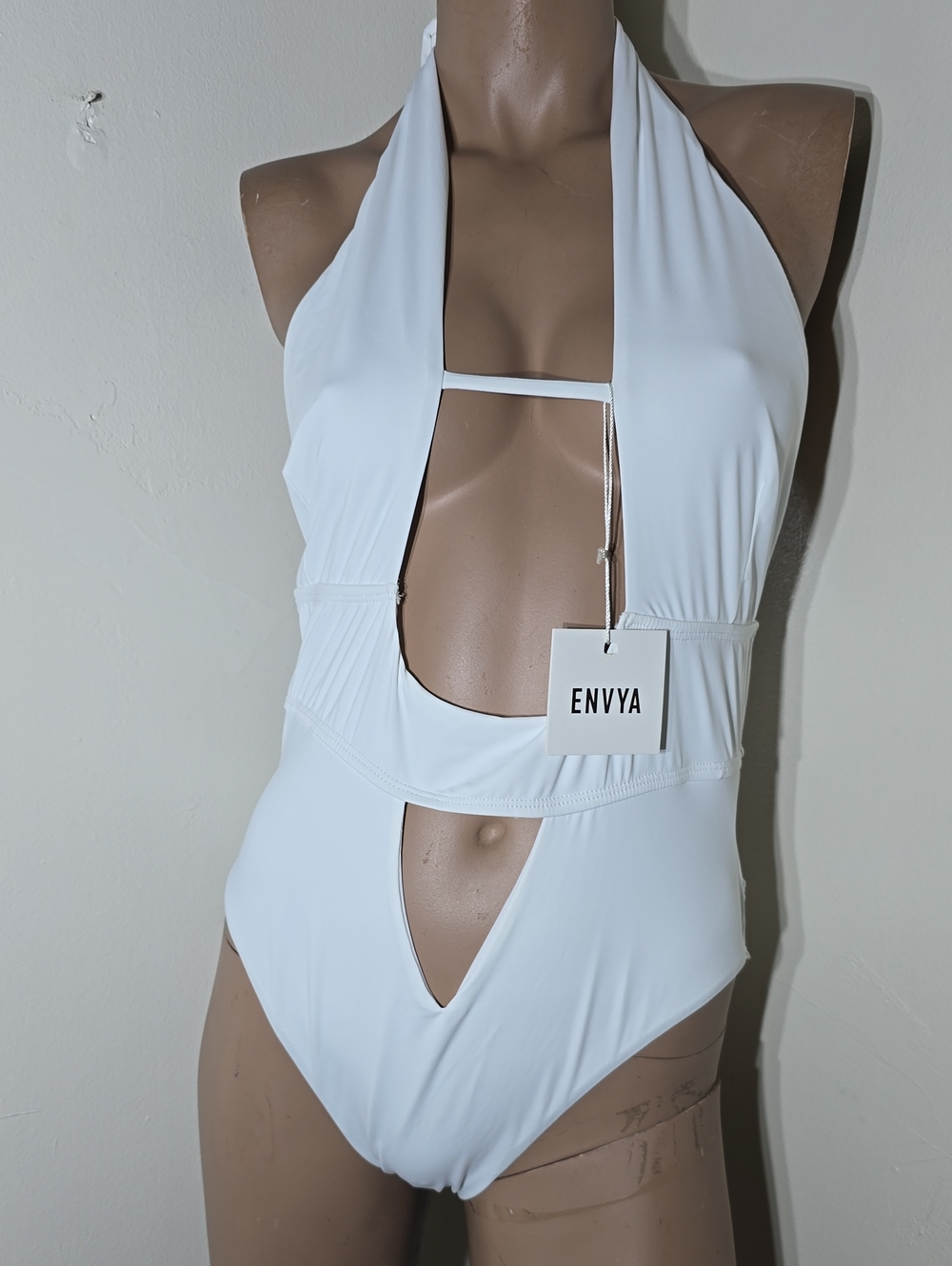envya White Plunge Halter Cutout One-Piece Swimsuit Size Large NWT